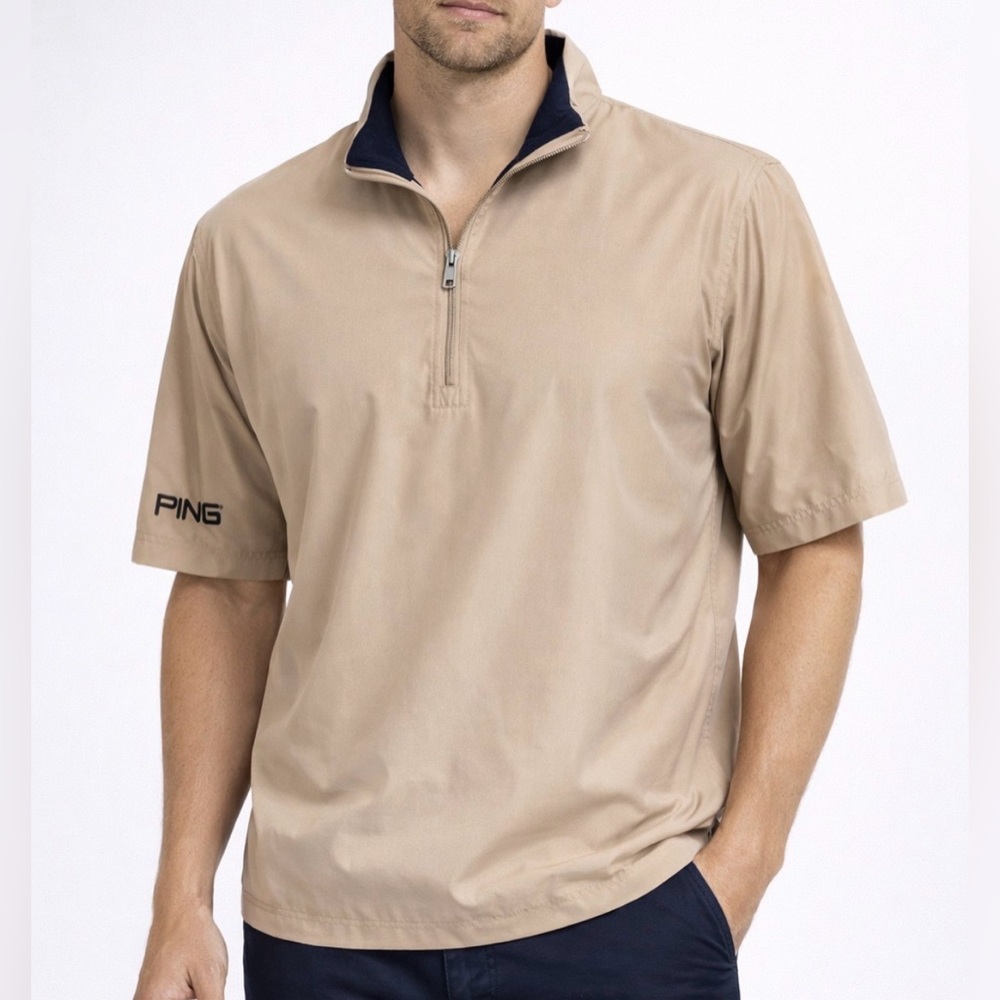 -Ping Collection Quarter Zip Short Sleeve Golf Shirt Jacket Tan/Black Size Large